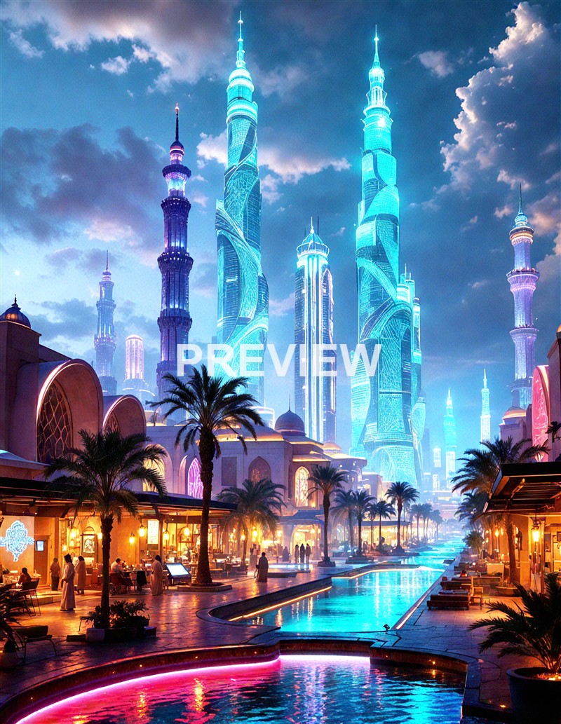 A futuristic cityscape featuring towering, brightly lit skyscrapers with neon accents, palm trees lining a waterway, and a lively promenade under a partly cloudy sky.